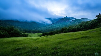 Stunning landscape view of rolling green hills under a cloudy blue sky during the day : Generative AI
