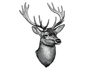 Naklejka premium Deer fawn. Vintage retro print, black white deer fawn sketch ink pencil style drawing, engrave old school. Sketch artwork silhouette reindeer, fawn. Side view profile. Illustration