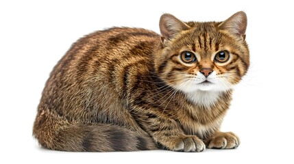 Obraz premium Elegant tabby and white domestic cat sitting in composed pose against isolated white background, professional feline portrait photography, natural pet character study