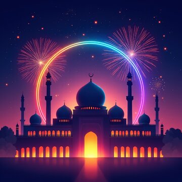 Fireworks burst explosions display with a blue mosque in the background.