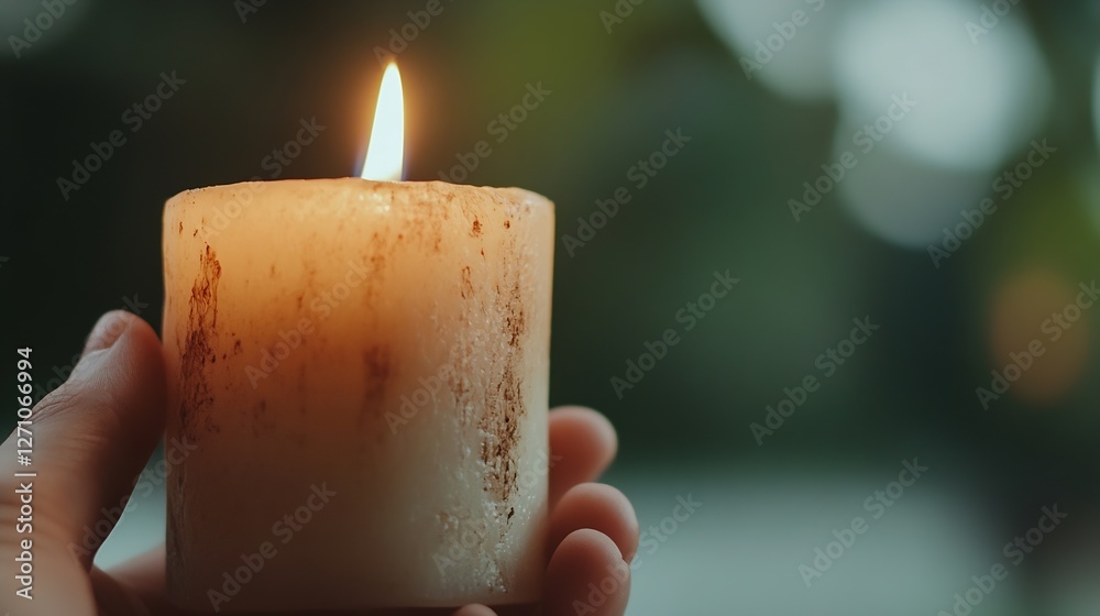 Poster Hand holding an elegant lit candle with a blurred green background creating a warm and serene ambiance : Generative AI