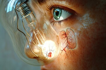 Obraz premium An artistic depiction of skin capillaries and a lightbulb, symbolizing the illumination of internal structures.