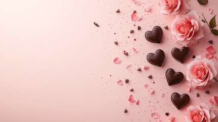 Heart-shaped chocolate pralines, elegantly presented on a marble surface, with a blurred background of candlelight and red roses, creating an atmosphere of love and refinement