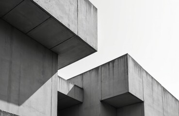 Fototapeta premium Dramatic concrete walls with strong geometric lines shows raw beauty of brutalist style architecture, minimal construction element. Facades with geometric design in stark urban setting. Monochrome