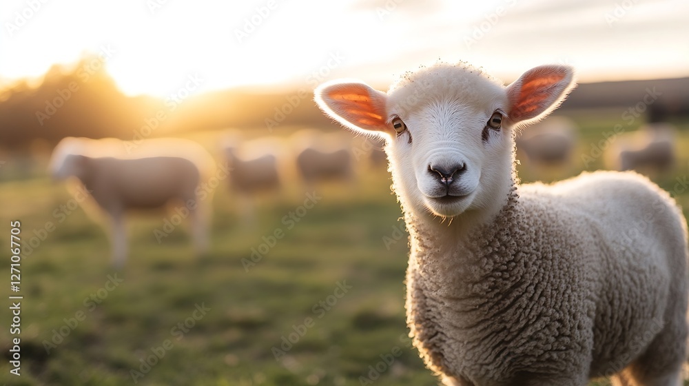 Poster adorable sheep grazing in a sunlit field with a beautiful background landscape : generative ai
