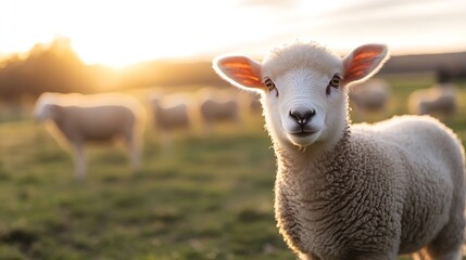 Obraz premium Adorable Sheep Grazing in a Sunlit Field with a Beautiful Background Landscape : Generative AI