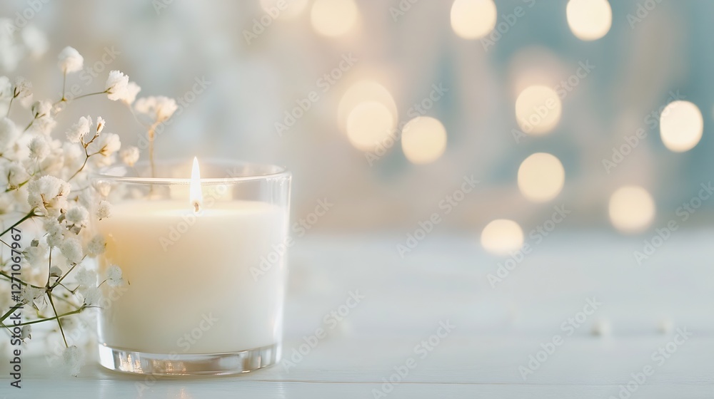 Poster a beautifully arranged candle surrounded by delicate flowers emitting a calming glow : generative ai