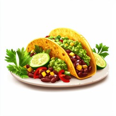 Vegan tacos with beans guacamole and fresh vegetables isolated on white background