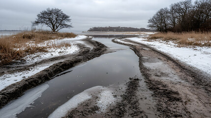 Winter coastal path, muddy puddles, snow, trees, overcast sky