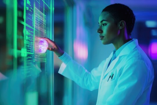 A female scientist interacts with a holographic medical interface, analyzing data and exploring complex information.