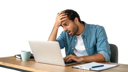 freelancer working on laptop in anxiety isolated on transparent background