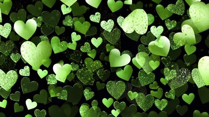 Vibrant bright green hearts and stars on black animation creating a whimsical and magical atmosphere. Dynamic background. 