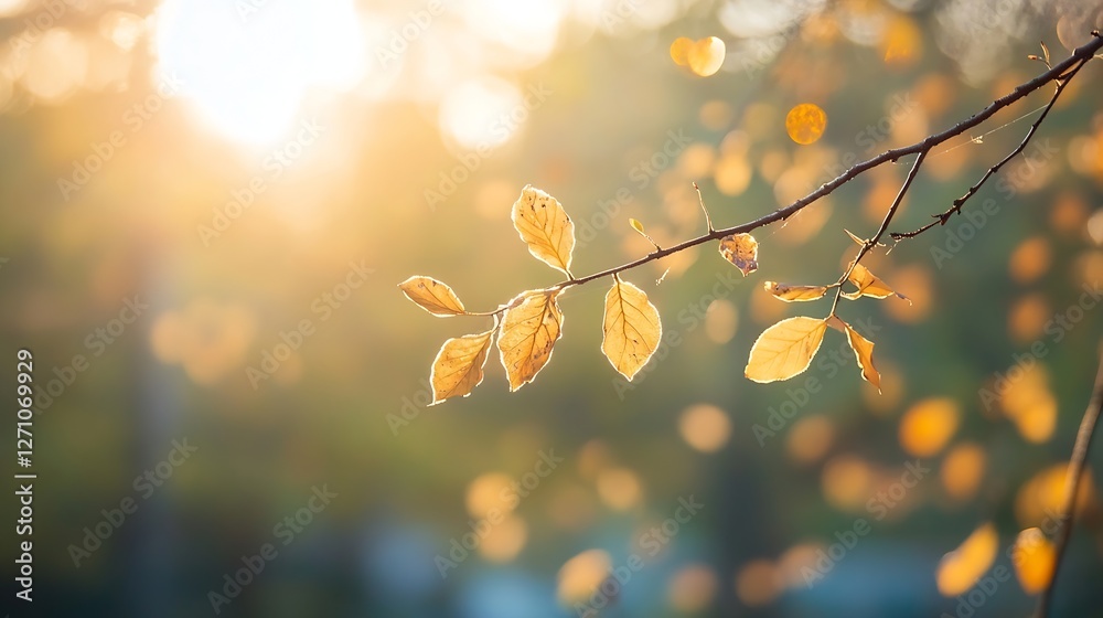 Aufkleber sunlit autumn leaves glowing in warm light on a branch during a beautiful fall day : generative ai