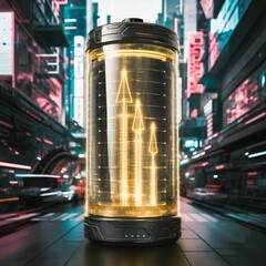 Glowing battery with upward arrows inside, representing energy and growth in a futuristic city.