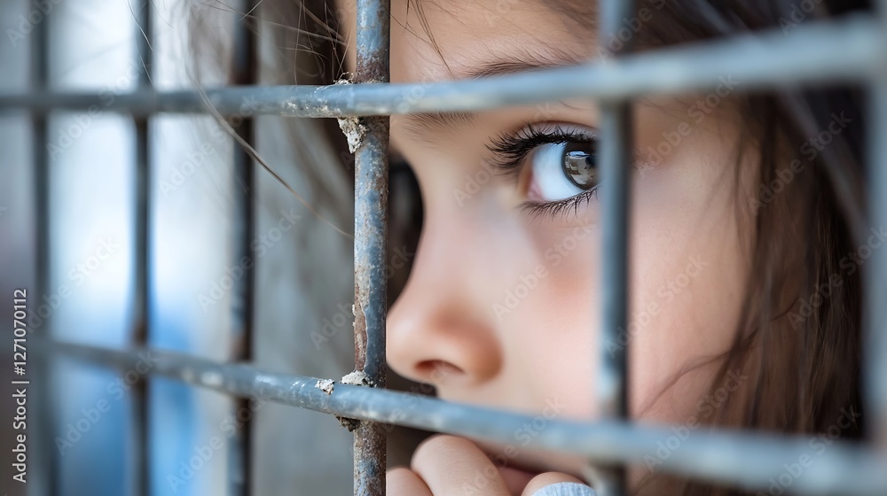 Poster heartbreaking closeup of a girl looking through rusty bars evoking emotions of confinement and longi