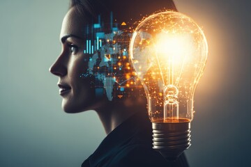 Woman's mind illuminated with global data and bright ideas, symbolizing innovation and global thinking.