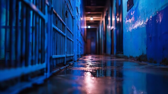 Atmospheric View Of A Dimly Lit Prison Hallway With Reflections On The Wet Floor : Generative AI