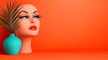 Stylized Human Head Sculpture with Vibrant Lip Color and Aqua Vase Against Bold Orange Background