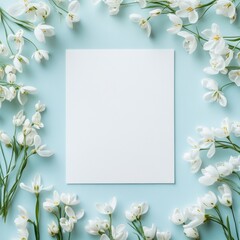Fototapeta premium An artistic flat lay composition of snowdrop flowers on a vivid blue background, showcasing a clean and simple spring concept