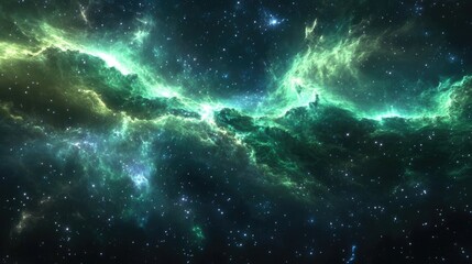 Fototapeta premium Subtle metallic blue and green light waves creating an ethereal glow over a deep cosmic background.