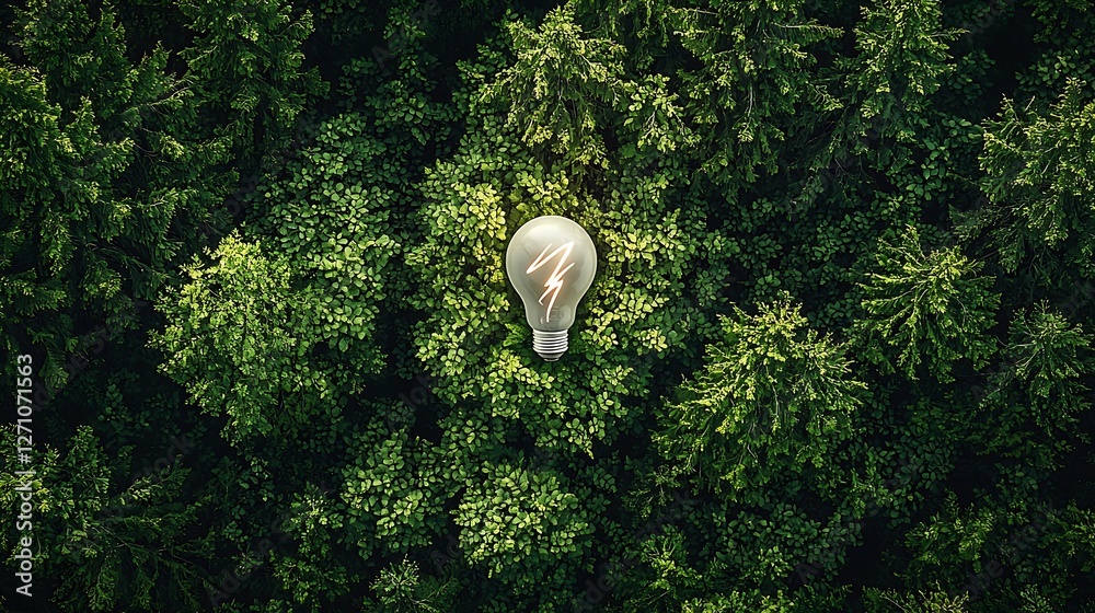 Poster bright light bulb floating above vibrant green trees in a lush forest showcasing nature and ideas : 