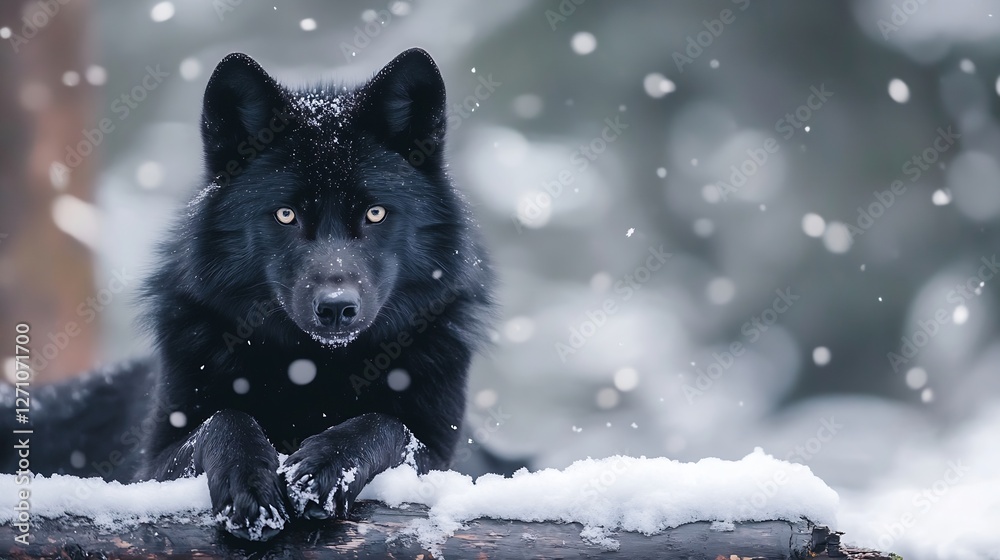 Poster intense black wolf resting on snowcovered log with snowflakes falling in a serene winter landscape :