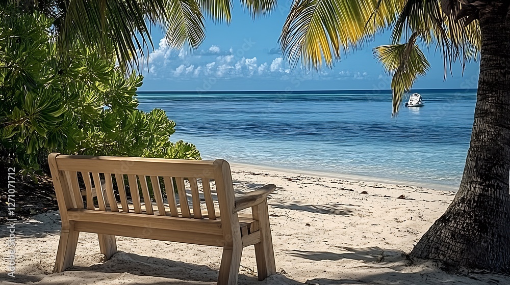 Poster serene beach view with wooden bench shaded by palm trees overlooking clear water : generative ai