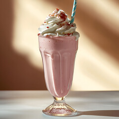 Strawberry shake with whipped cream on top, striped straw, retro milkshake, dessert drink, refreshments