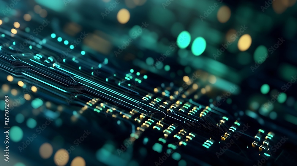 Aufkleber Close Up of a Digital Circuit Board with Glowing Lights and Intricate Patterns : Generative AI