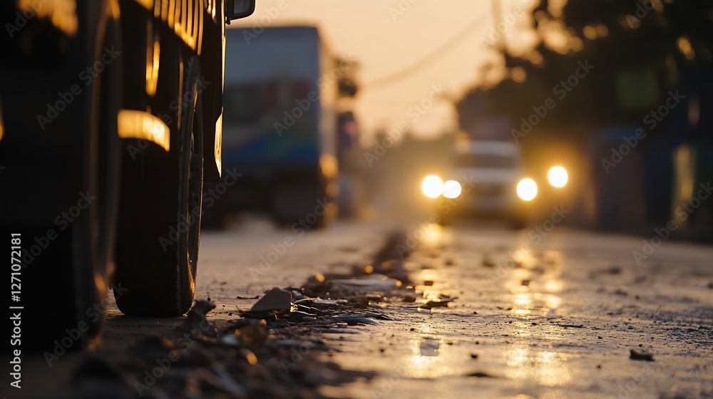 Aufkleber low angle view of street with vehicles against a backdrop of a sunset : generative ai