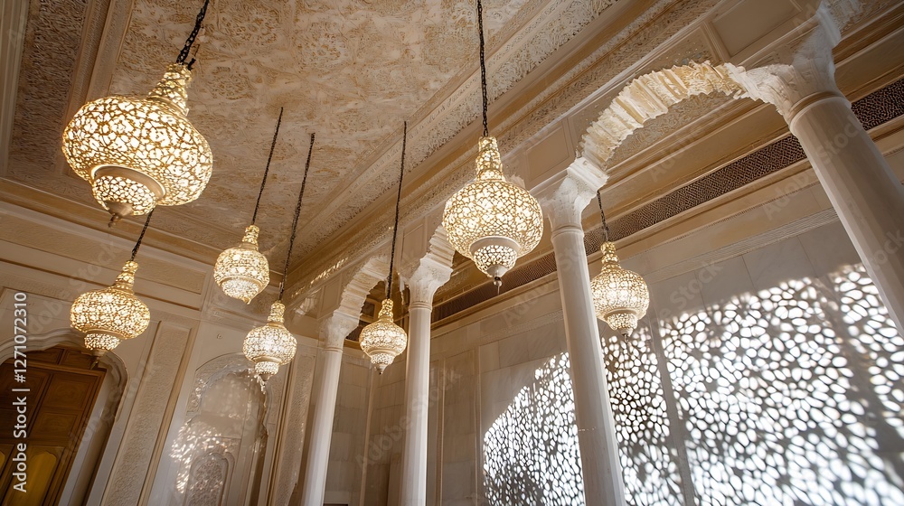 Poster Intricately designed ceiling with ornate lanterns casting beautiful patterns in a lavish interior : Generative AI