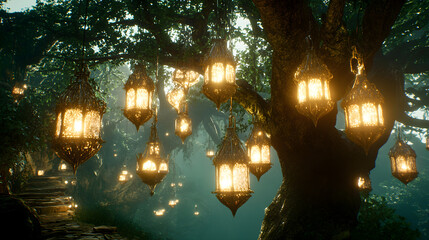 Concept art of a fantasy forest with magical lights and crystals hanging from the trees, created in Unreal Engine. 