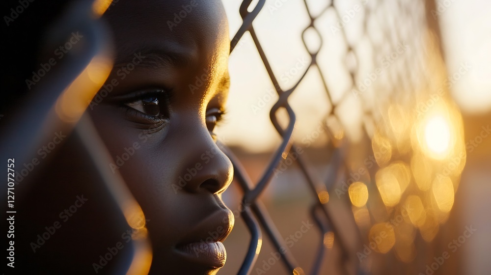 Poster child's gaze through a fence at sunset capturing the essence of longing and hope amid challenges : g