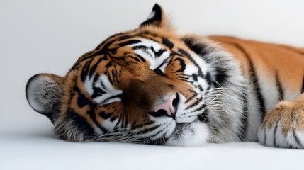 Fototapeta premium Dramatic close-up portrait of resting Bengal tiger with intense blue eyes isolated on white background, powerful Asian wildlife photography, peaceful predator expression