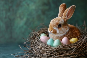 In a spring meadow, the Easter bunny and Easter eggs lie nestled in the green grass