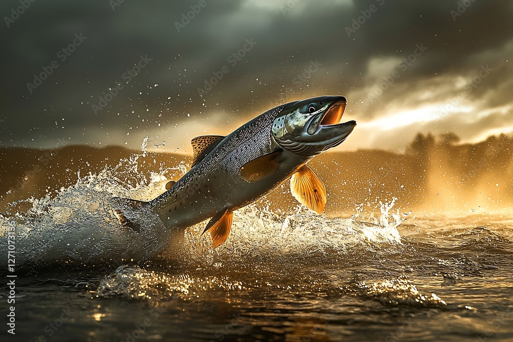 Aufkleber Dynamic salmon leaps from water creating a stunning splash with a dramatic sky backdrop : Generative AI