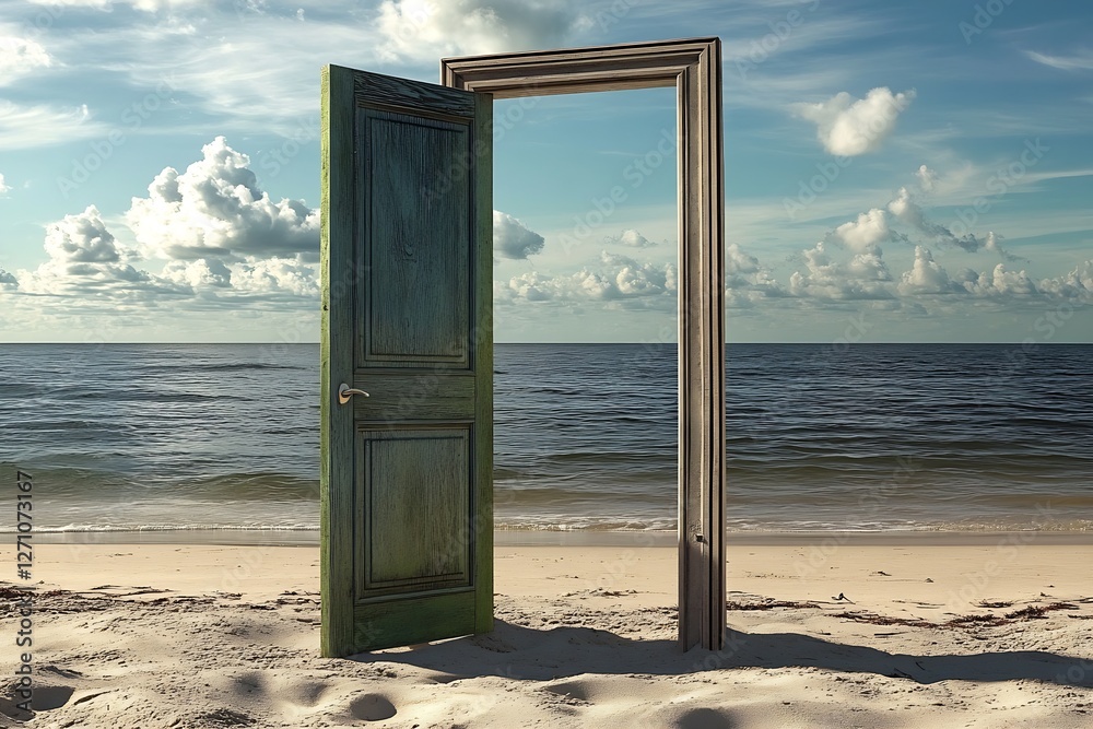 Poster Conceptual art of an open door on the beach symbolizing endless possibilities under a cloudy sky : Generative AI