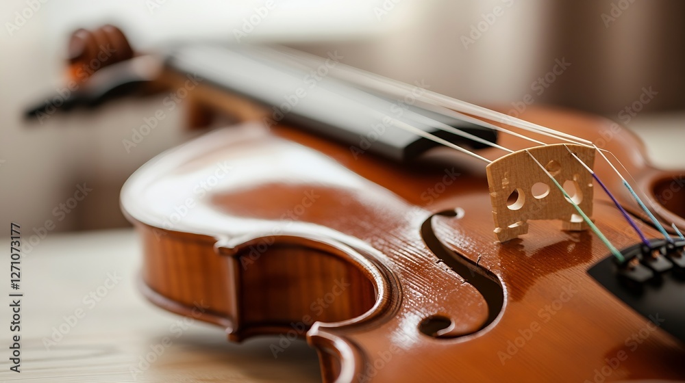 Poster close up of a beautifully crafted wooden violin resting on a table ready for playing : generative ai