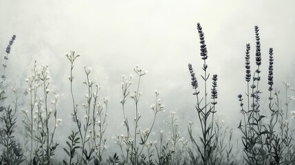 Obraz premium Delicate Wildflowers and Lavender in a Foggy Meadow, Soft Pastel Background for Designs