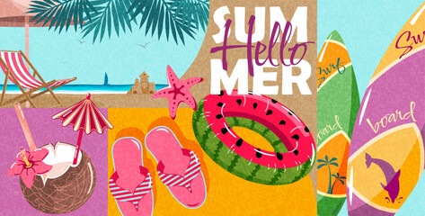 Banner template Hello Summer. Summer background with a surfing board, a beach, a cocktail in a coconut, a swimming circle with a watermelon.