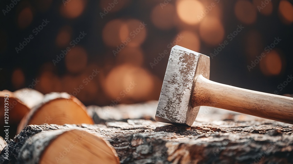 Aufkleber rustic wooden logs stacked with a hammer resting on top capturing the beauty of natural craftsmanshi