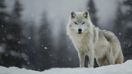 Obraz premium Majestic white wolf standing on snow with a blurred snowy forest backdrop creating an ethereal scene : Generative AI