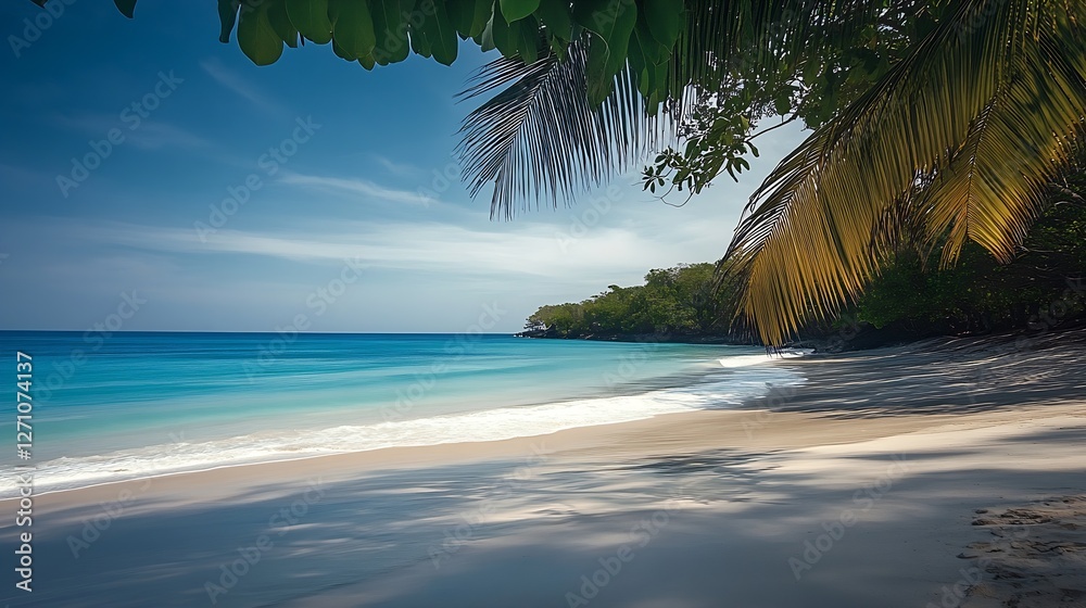 Poster Pristine beach featuring calm waves and lush palm trees under a clear blue sky inviting relaxation and tranquility : Generative AI