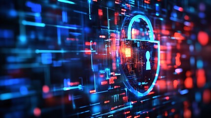 Obraz premium Cybersecurity Grid: A Glowing Padlock Overlayed on a Complex Network of Data Streams and Circuitry, Visualizing Data Protection, Network Security, and the Interconnectedness of Digital Systems.