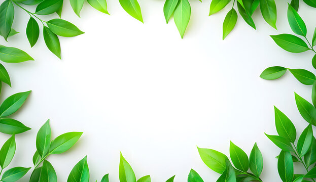 Green leaves frame an isolated white background, forming a rectangular border made of fresh plant leaves with copy space in the middle. 