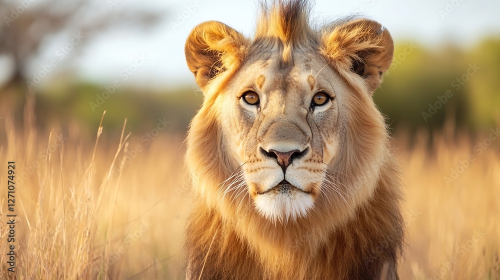 Poster majestic lion gazing directly at the camera with golden fur against a soft sunset backdrop : generat