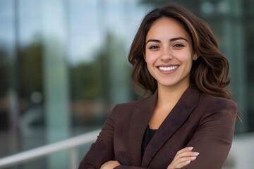Fototapeta premium Confident businesswoman smiling, arms crossed, modern office background, corporate headshot