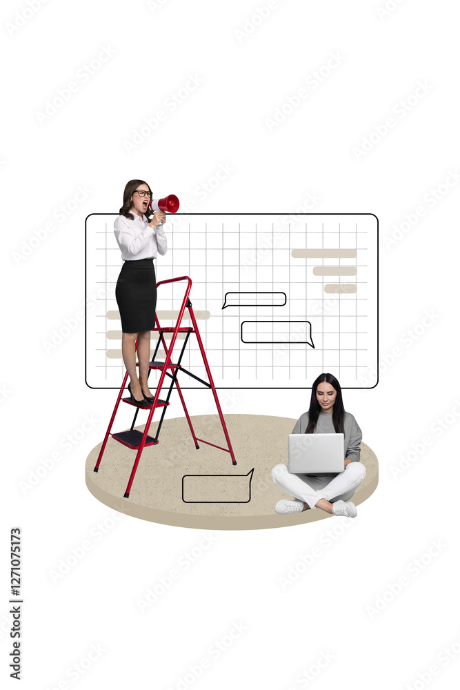 Poster vertical collage picture of crazy angry elegant girl climb ladder scream loudspeaker worker use netb