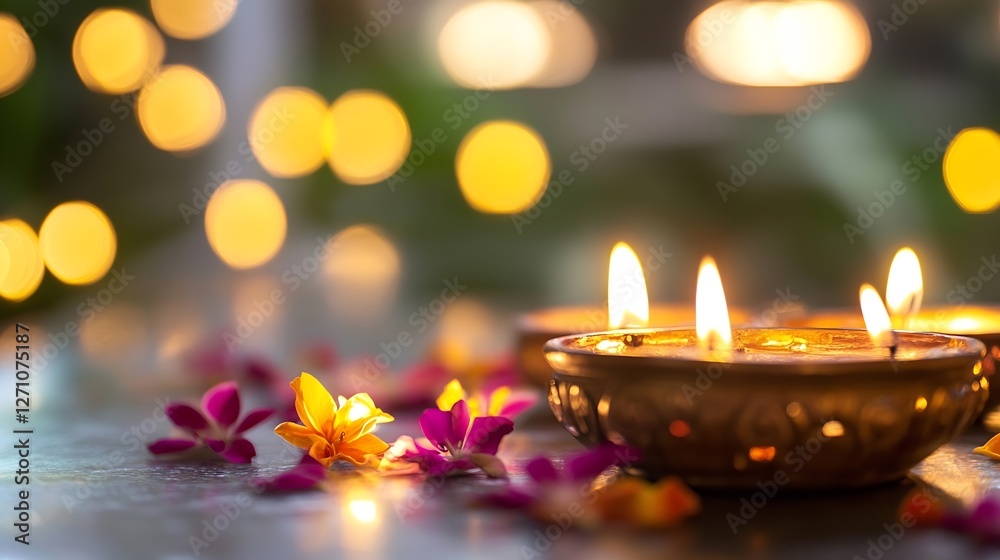 Aufkleber Elegant candles surrounded by colorful petals creating a serene atmosphere for a special event : Generative AI