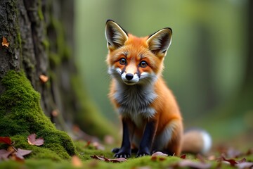 Obraz premium A curious red fox sitting near a moss-covered St. Patrick’s Day banner.
